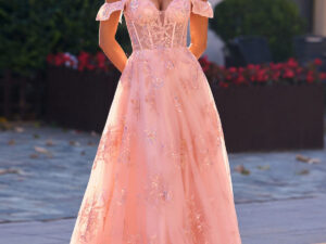 Off Shoulder Salmon Pink A Line Tulle Dress For Rent