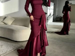 Maroon 3/4 sleeves mermaid style satin evening dress