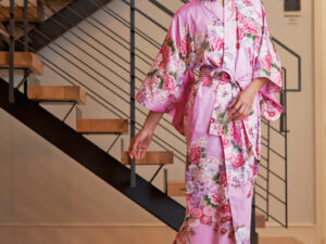 Traditional Japanese Yukata for Female Cream base with Pink Flower Pattern (Suitable for Bon Odori) for Rent