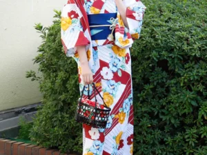 Traditional Japanese Yukata for Female Cream Pink Base with Yellow Blue Flower Black Pattern (Suitable for Bon Odori) for Rent