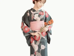 Traditional Japanese Yukata for Female Cotton Base with Pink Flower Green Pattern (Suitable for Bon Odori) for Rent
