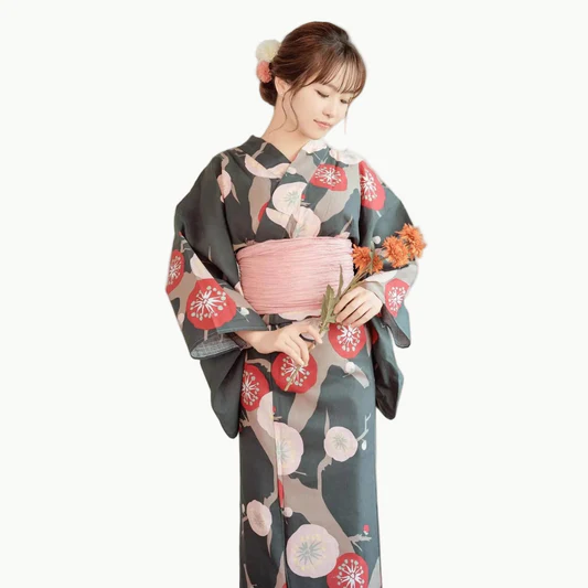Traditional Japanese Yukata for Female Cotton Base with Pink Flower Green Pattern (Suitable for Bon Odori) for Rent