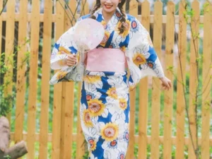 Traditional Japanese Yukata for Female Yellow Colour with Small Flowers Printing (Suitable for Bon Odori) for Rent