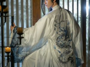 CHINESE Traditional HanFu Male White with Gradient Blue Dragon Full Embroidery for Rent