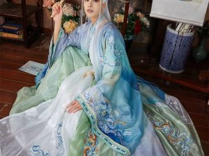 CHINESE Traditional HanFu Male Gren&White with Blue Full Embroidery Size Suitable S - L for Rent